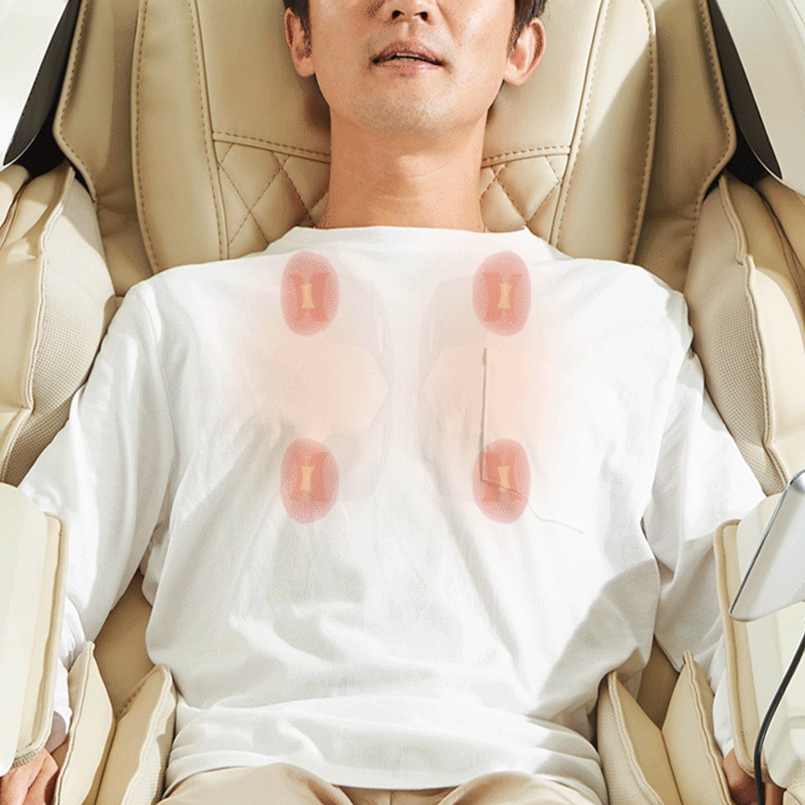 Person enjoying JPMedics Kumo Massage Chair with highlighted 4D massage rollers on their back.