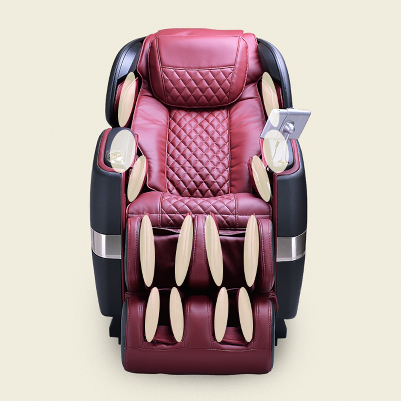 JPMedics Kumo red and black 4D massage chair with beige pads and control panel.