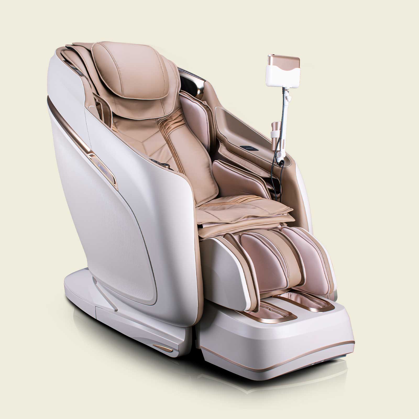 JPMedics KaZe beige-brown 4D massage chair with footrest and tablet holder.