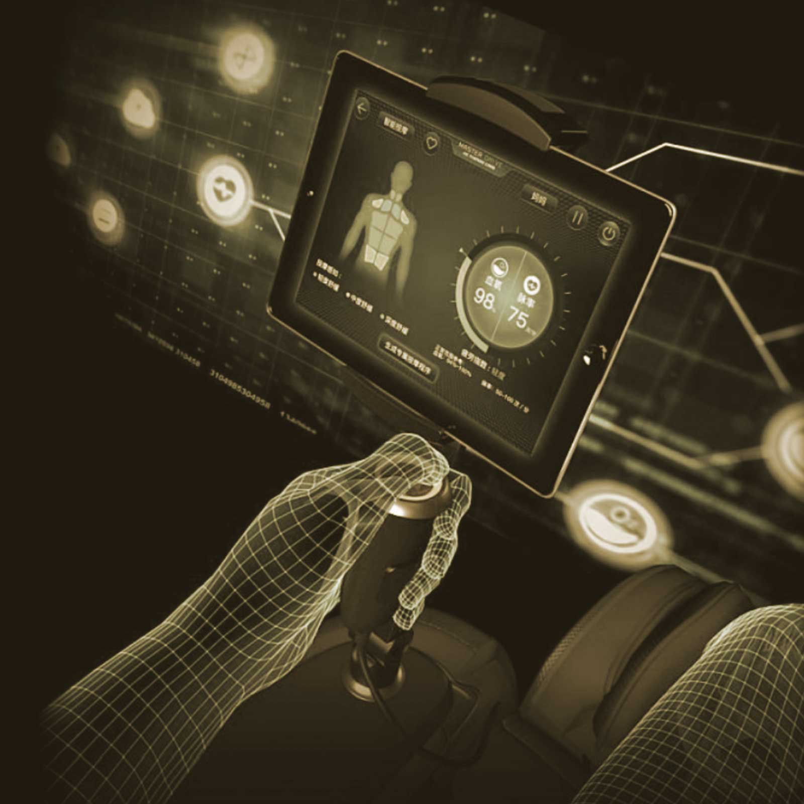 A wireframe hand holds a joystick near a tablet displaying JPMedics KaZe Massage Chair data.