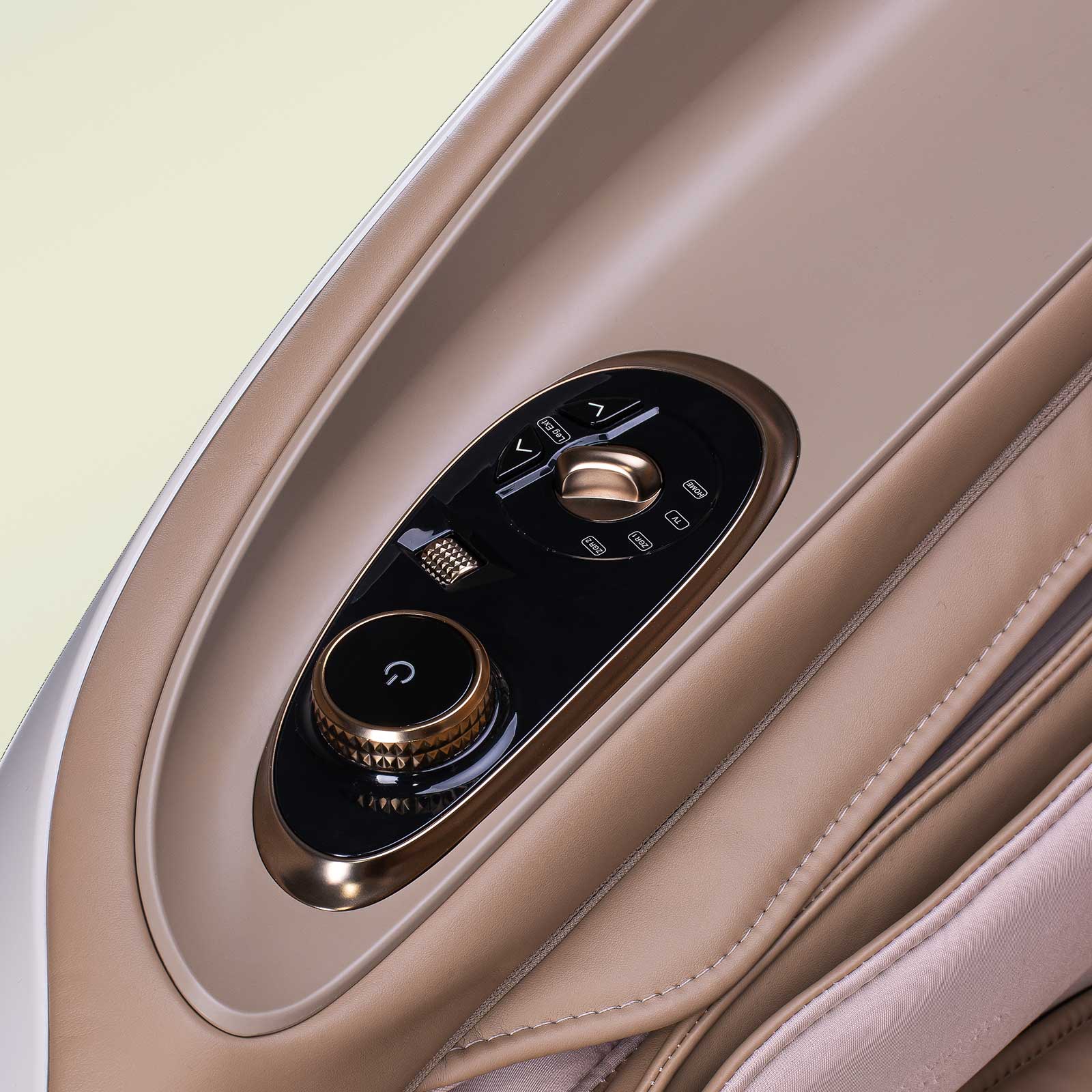 Close-up of JPMedics KaZe Massage Chair panel with control buttons and beige leather upholstery.