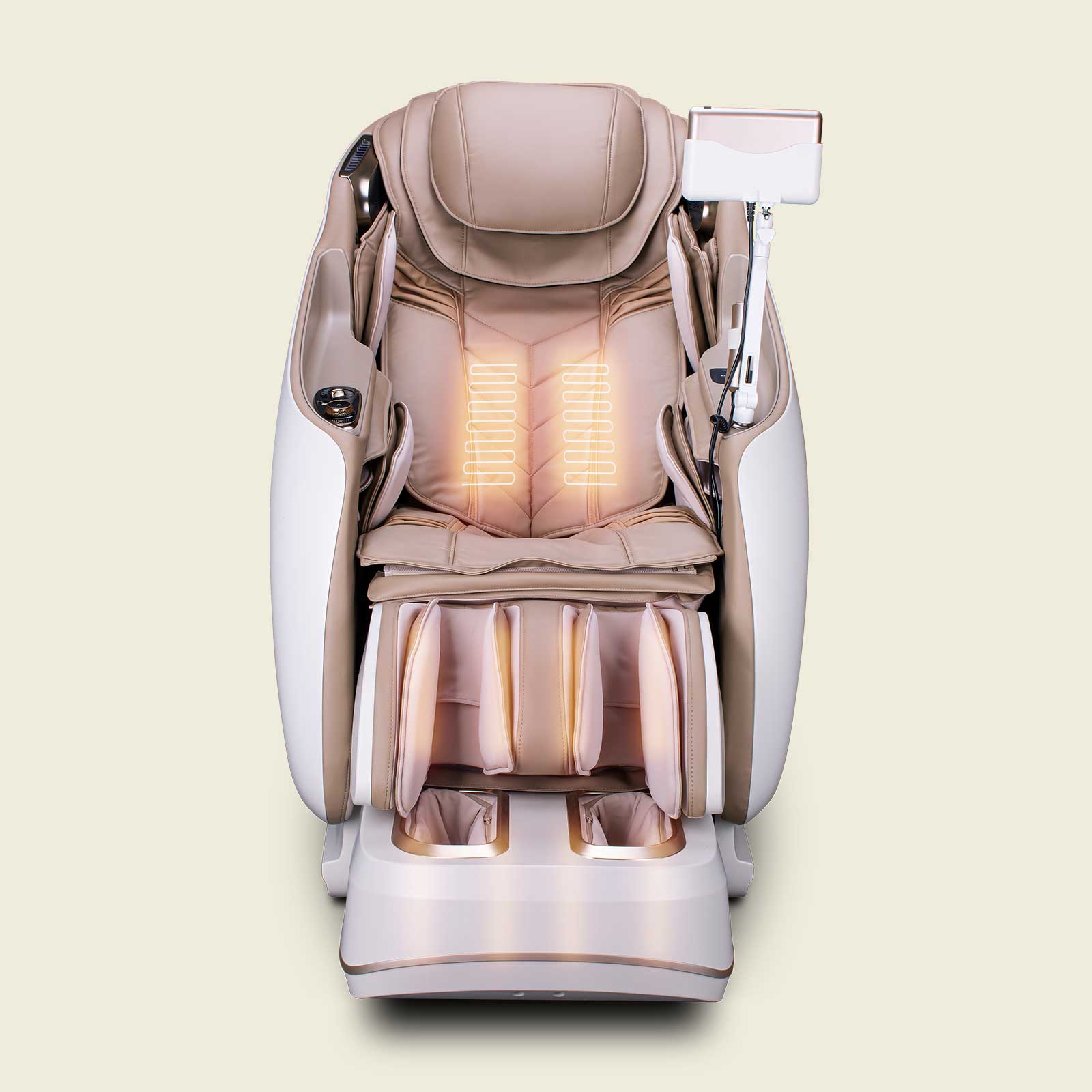 JPMedics KaZe Massage Chair in beige with built-in controls, 4D massage, and footrests, front view.