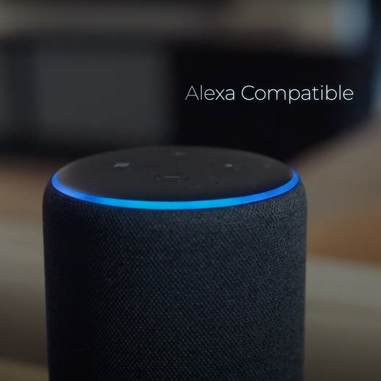 Black smart speaker with blue light ring, Alexa Compatible—ideal for JPMedics KaZe Massage Chair.