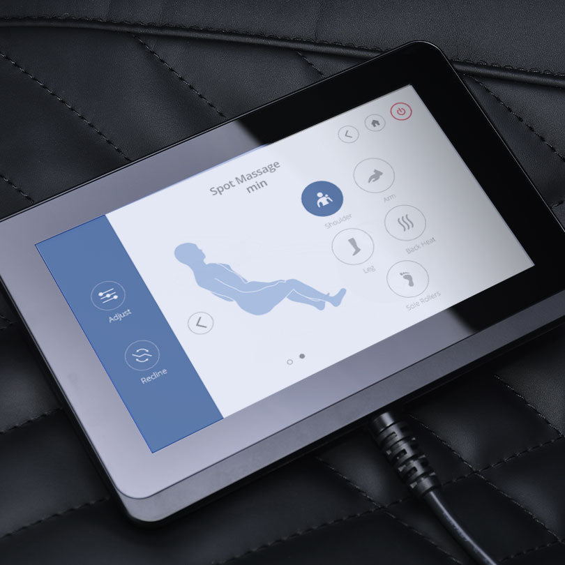 JPMedics Kawa Massage Chair's touchscreen shows spot options on its leather surface.