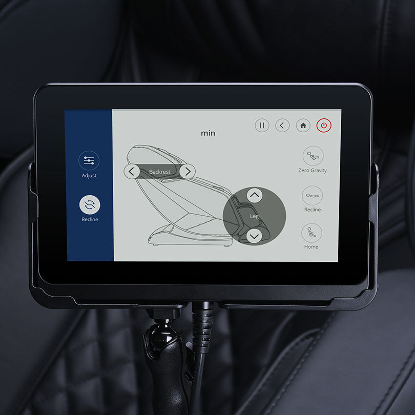 JPMedics Kawa Massage Chair’s touchscreen displays 3D massage options and an L-Track diagram.