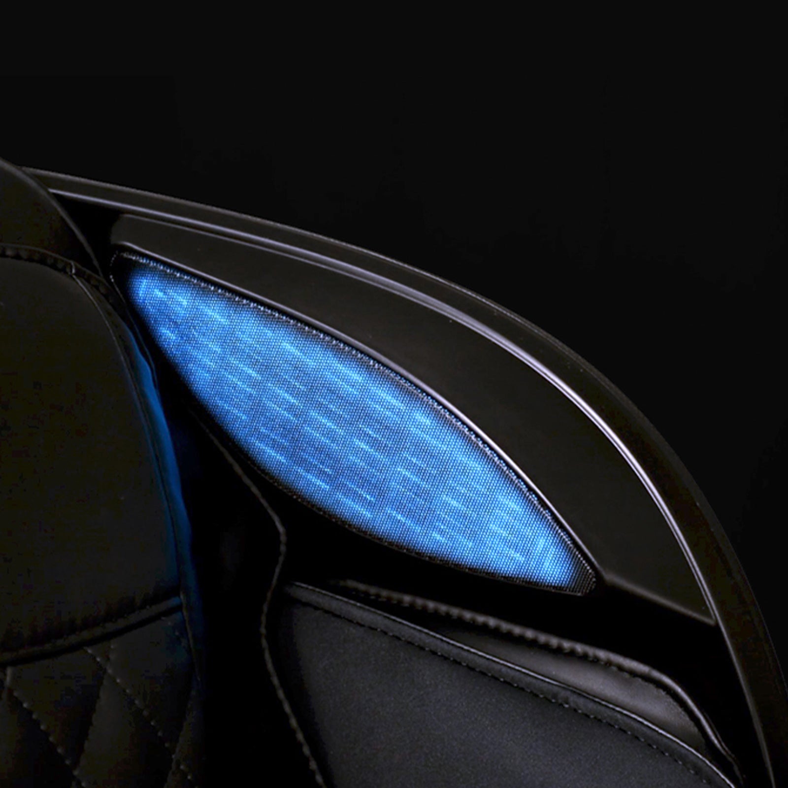 Close-up of the JPMedics Kumo Massage Chair featuring a glowing blue mesh side panel.