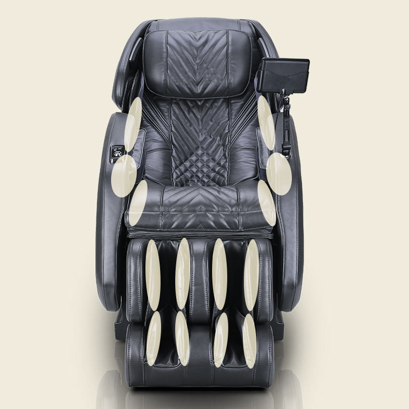 JPMedics Kawa black massage chair with cream pads, L-Track, and control screen.