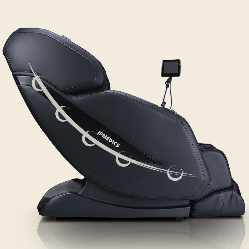 JPMedics Kawa Massage Chair in black with touchscreen and L-Track massage node positions.